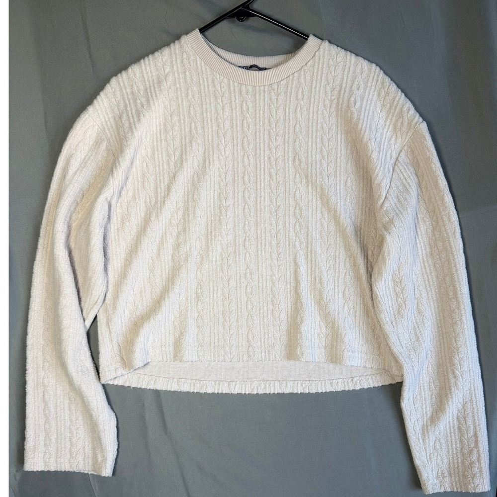 Zara Womens Cream Cable Knit Long Sleeve Textured Top Size M Cropped Cozy